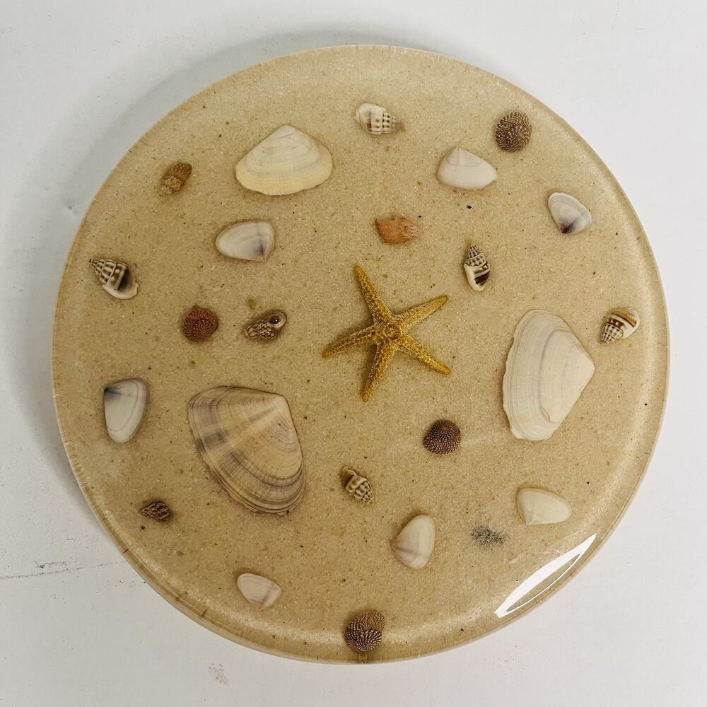 vintage trivet hot pad lucite sea ocean shells sand coastal grandma 6.5 inch